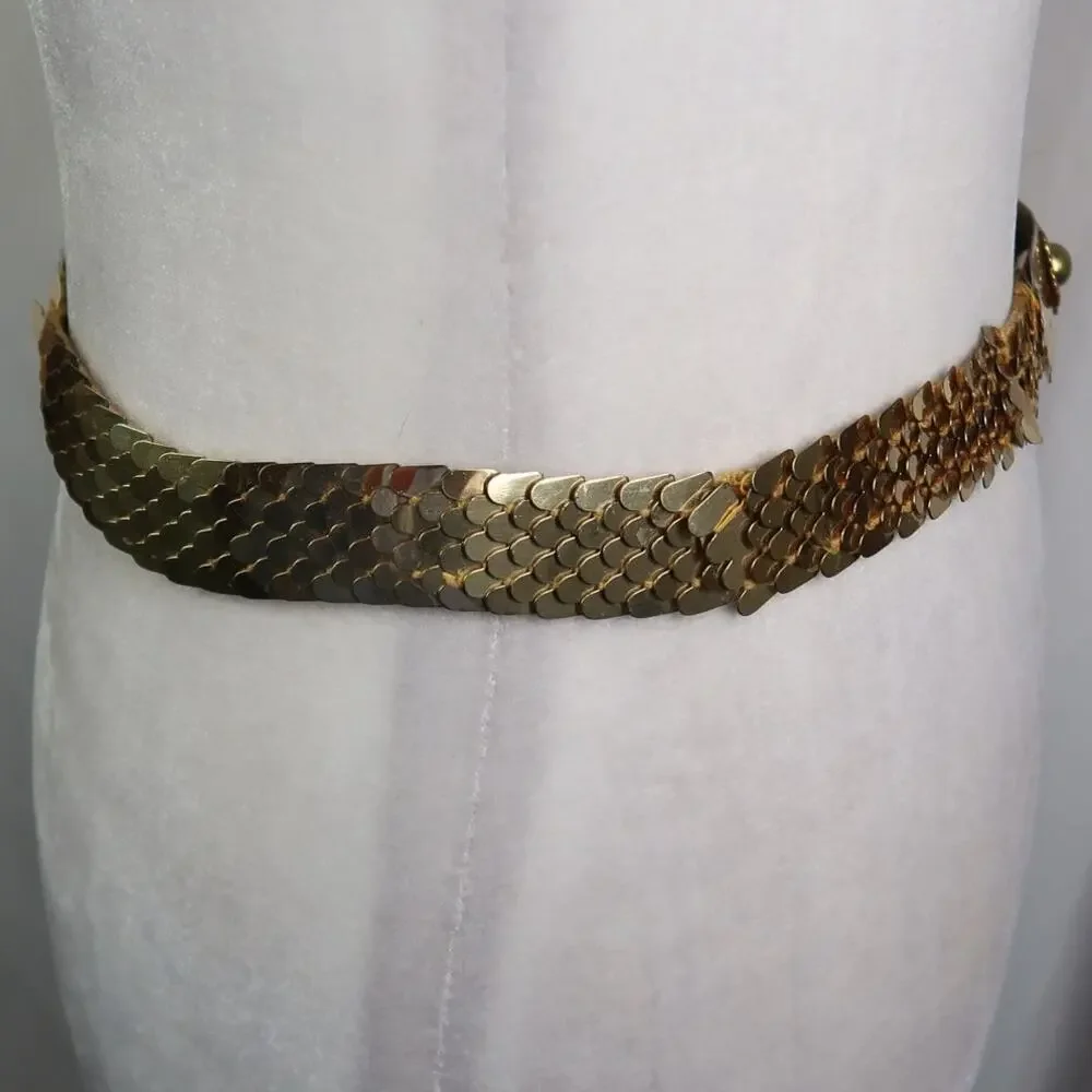Vintage 80s Gold Metal Fish Scale Stretchy Waist Belt